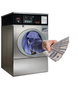 Washing machine with an arm sticking out holding 6 one-hundred dollar bills
