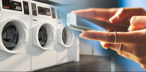 Combo graphic that shows hands using a phone and 3 washing machines in a line