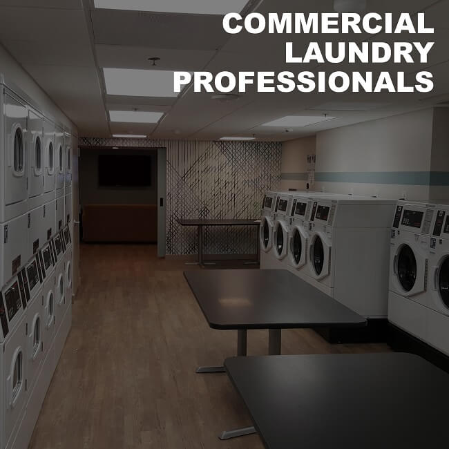 Laundromat photo with text on the top saying commercial laundry professionals