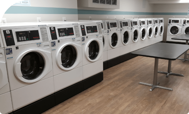 Laundromat full of washing machines lined up against a wall