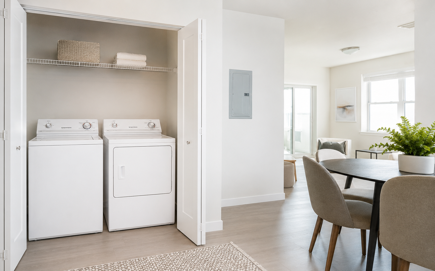 In-unit laundry machines inside of an apartment.