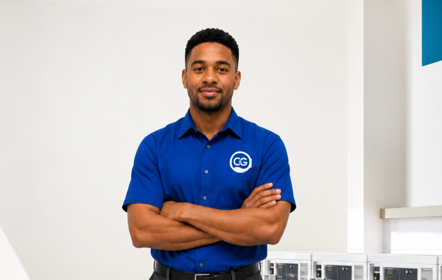 Technician crossing arms in laundry room